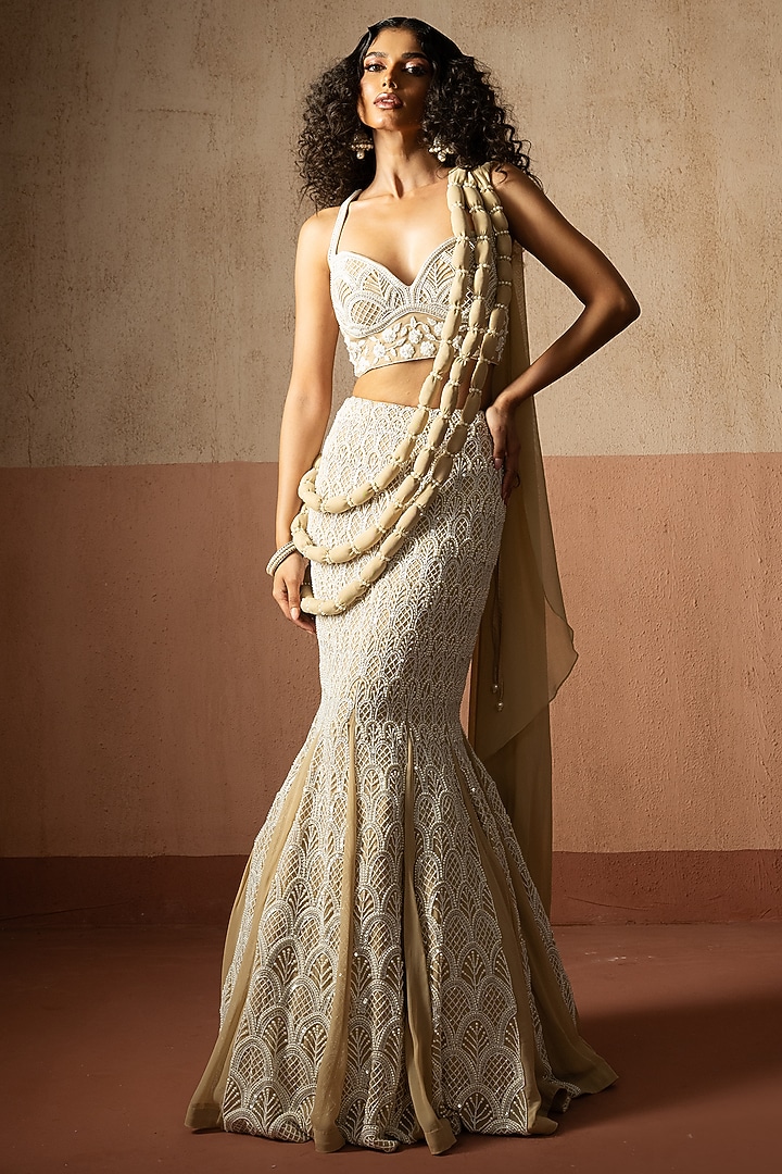 Champagne Beige Georgette Hand Embroidered Fishtail Skirt Reception Saree Set by Quench A Thirst at Pernia's Pop Up Shop