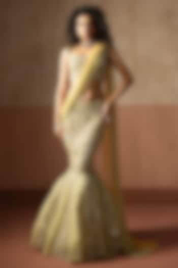 Sage Green Georgette Hand Embroidered Fishtail Skirt Wedding Saree Set by Quench A Thirst at Pernia's Pop Up Shop