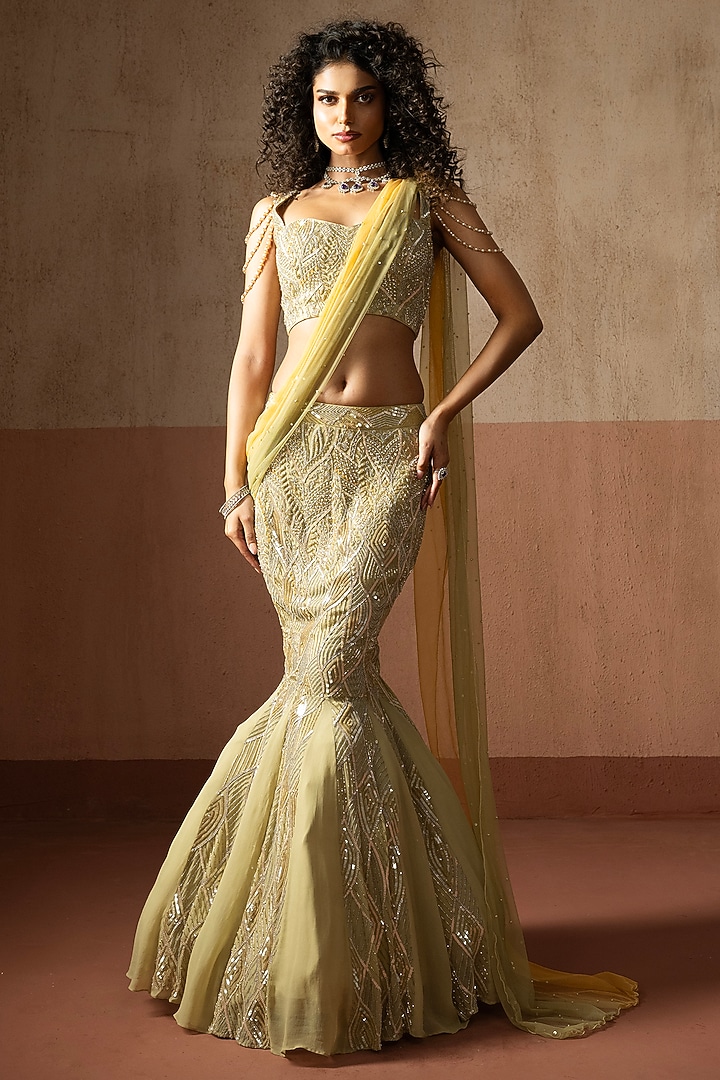Sage Green Georgette Hand Embroidered Fishtail Skirt Wedding Saree Set by Quench A Thirst at Pernia's Pop Up Shop