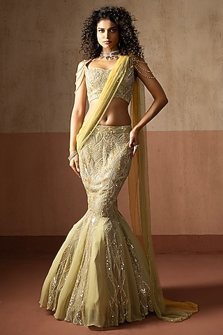 Sage Green Georgette Hand Embroidered Fishtail Skirt Saree Set by Quench A Thirst