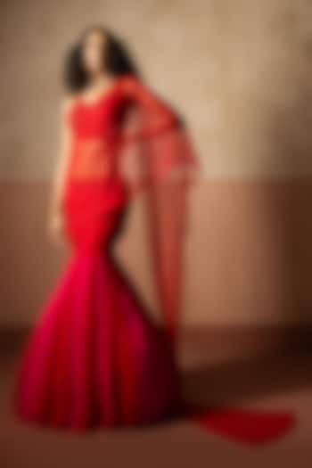 Red & Fuchsia Georgette Fishtail Skirt Wedding Saree Set by Quench A Thirst at Pernia's Pop Up Shop
