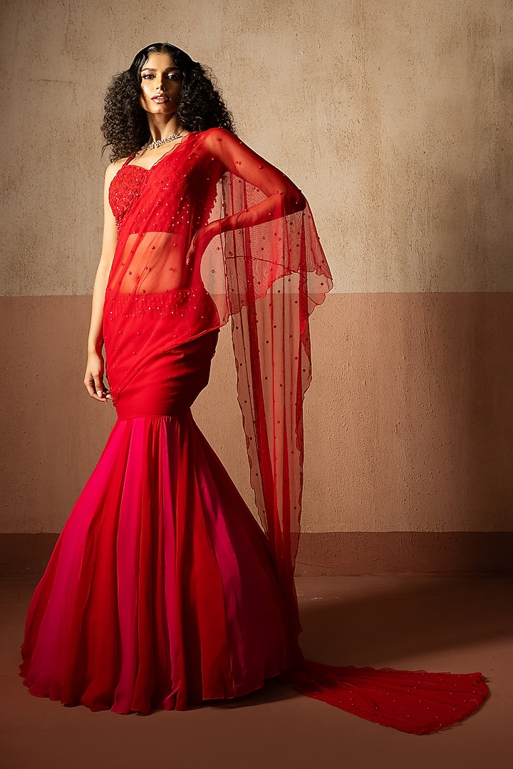 Red & Fuchsia Georgette Fishtail Skirt Wedding Saree Set by Quench A Thirst at Pernia's Pop Up Shop