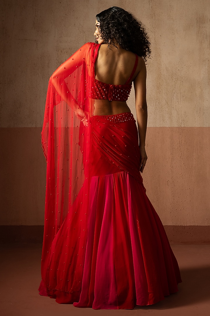 Red & Fuchsia Georgette Fishtail Skirt Wedding Saree Set by Quench A Thirst at Pernia's Pop Up Shop