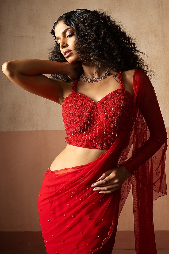 Red & Fuchsia Georgette Fishtail Skirt Wedding Saree Set by Quench A Thirst at Pernia's Pop Up Shop