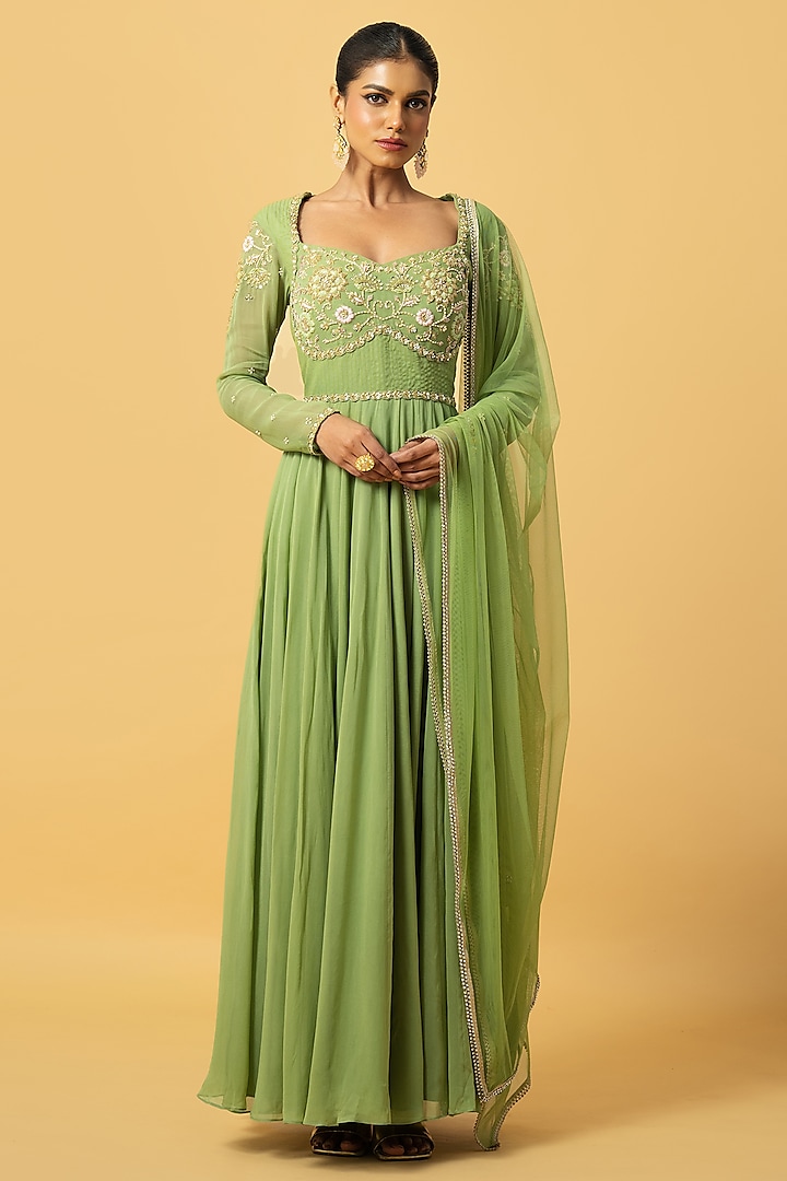 Mint Green Georgette Zardosi Embroidered Anarkali Set by Quench A Thirst