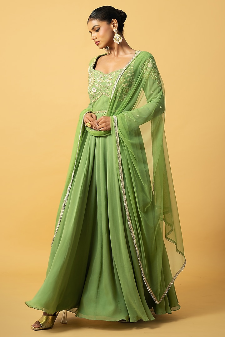 Beige Tissue Anarkali With Rich Zardosi Detailing
