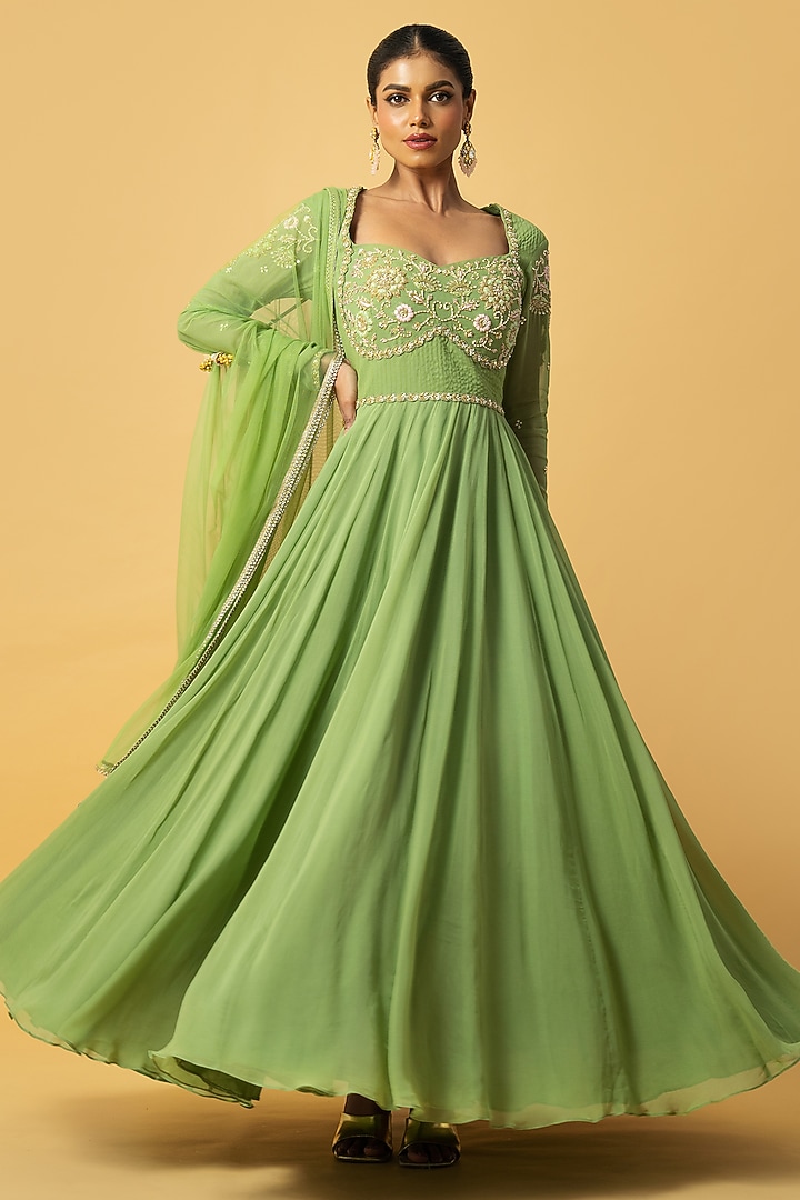 Mint Green Georgette Zardosi Embroidered Wedding Anarkali Set by Quench A Thirst at Pernia's Pop Up Shop