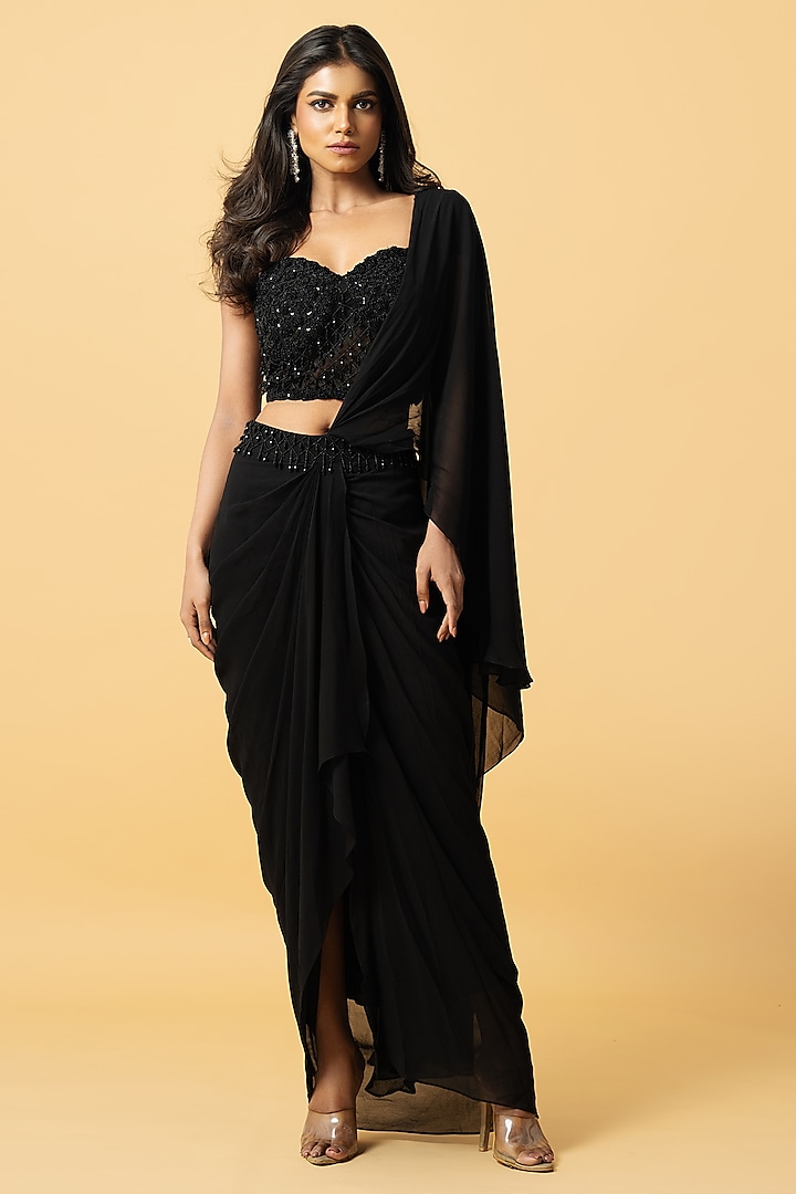 Black Georgette Zardosi Embroidered Pre-Stitched Saree Set by Quench A Thirst