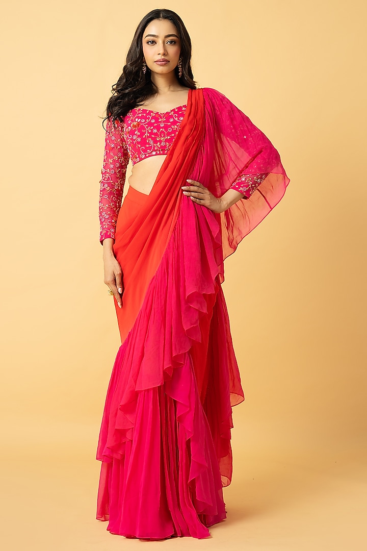 Pink & Orange Georgette Pre-Sticted Ruffled Saree Set by Quench A Thirst