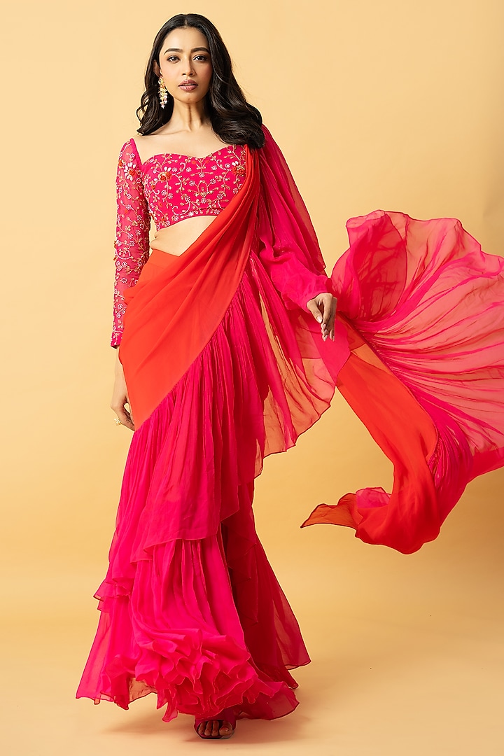 Pink & Orange Georgette Pre-Sticted Ruffled Wedding Saree Set by Quench A Thirst at Pernia's Pop Up Shop
