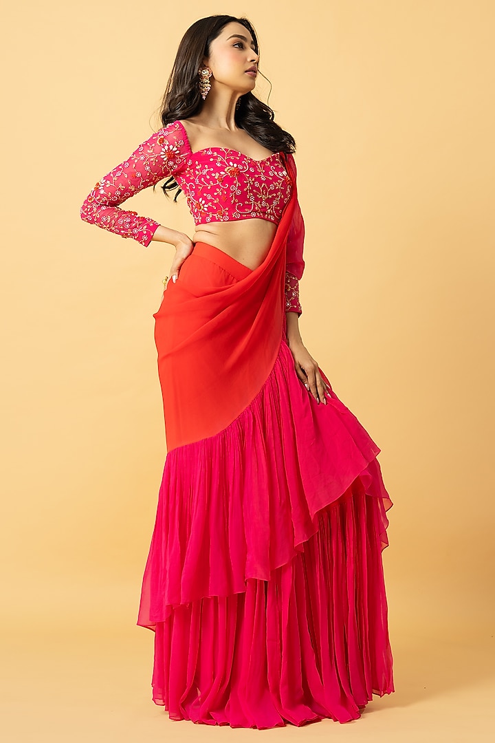 Pink & Orange Georgette Pre-Sticted Ruffled Wedding Saree Set by Quench A Thirst at Pernia's Pop Up Shop