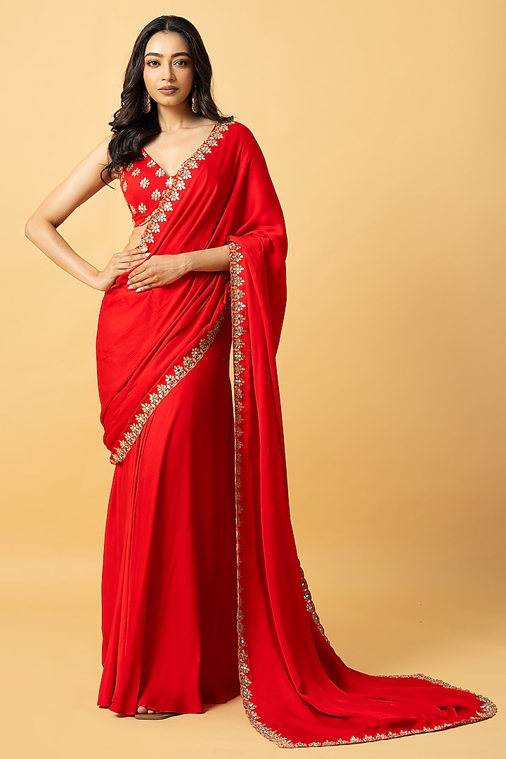 Red Modal Satin Zari Hand Embroidered Pre-Draped Saree Set by Quench A Thirst
