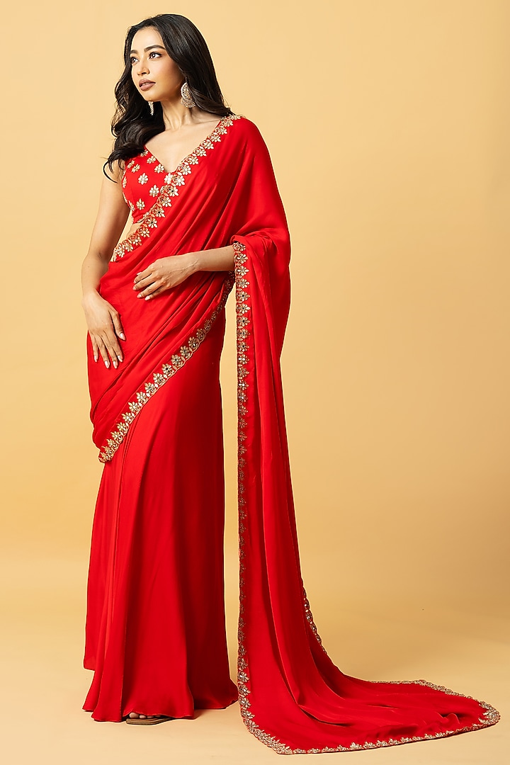 Red Modal Satin Zari Hand Embroidered Pre-Draped Party Wear Saree Set by Quench A Thirst at Pernia's Pop Up Shop