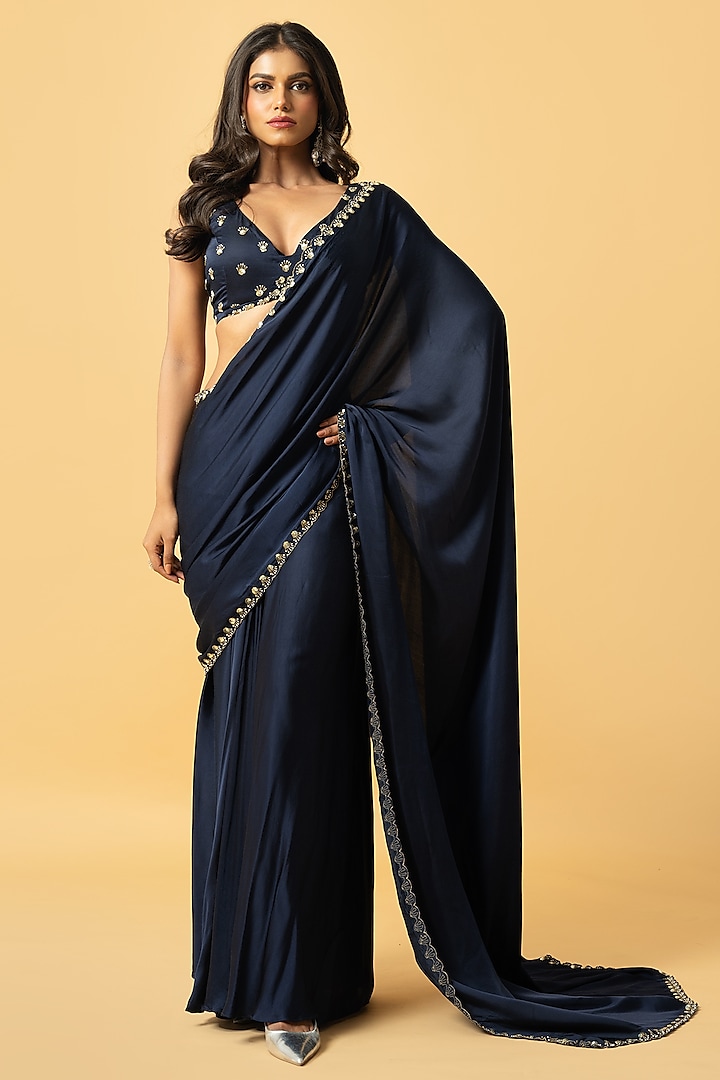 Blue Modal Satin Zari Hand Embroidered Pre-Draped Saree Set by Quench A Thirst