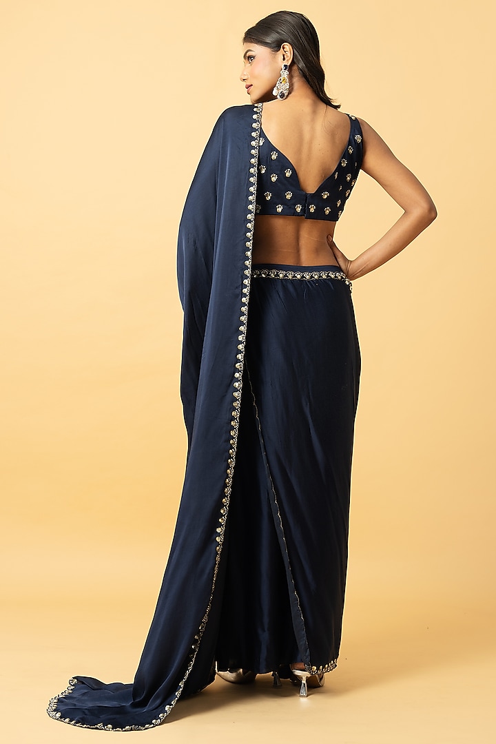 Blue Modal Satin Zari Hand Embroidered Pre-Draped Party Wear Saree Set by Quench A Thirst at Pernia's Pop Up Shop