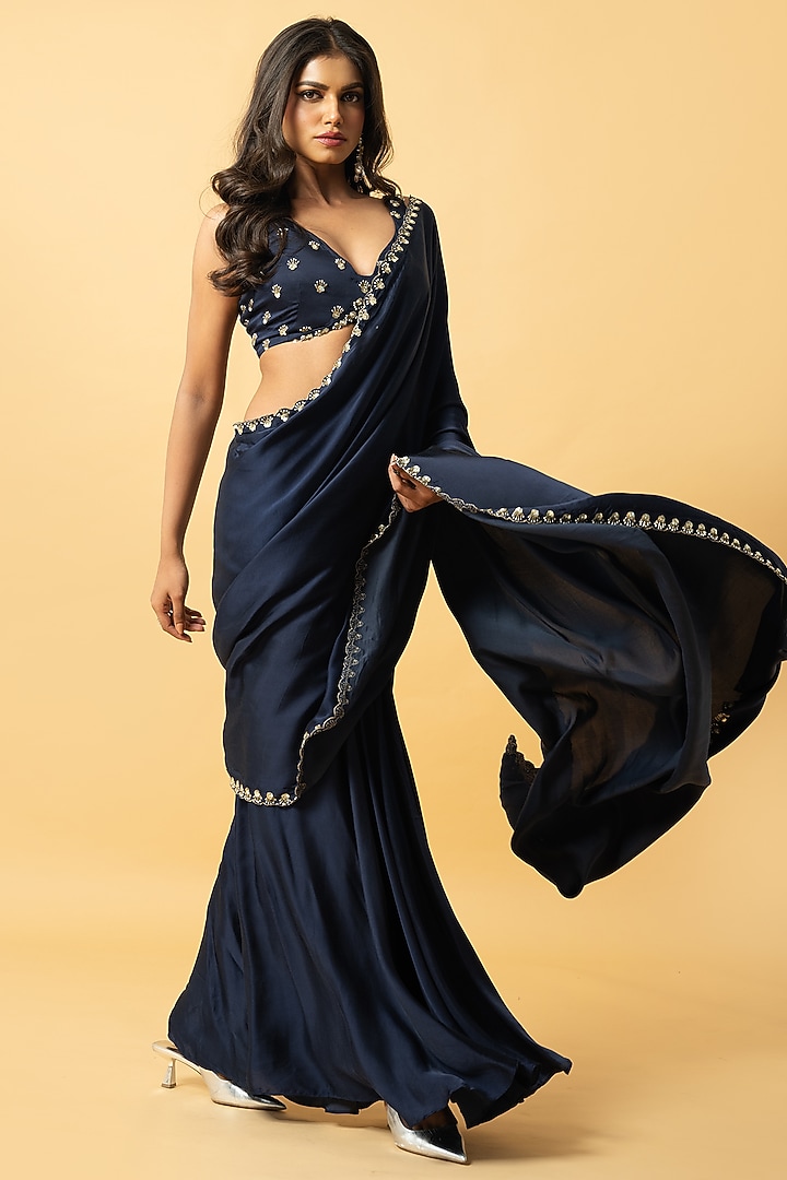 Blue Modal Satin Zari Hand Embroidered Pre-Draped Party Wear Saree Set by Quench A Thirst at Pernia's Pop Up Shop