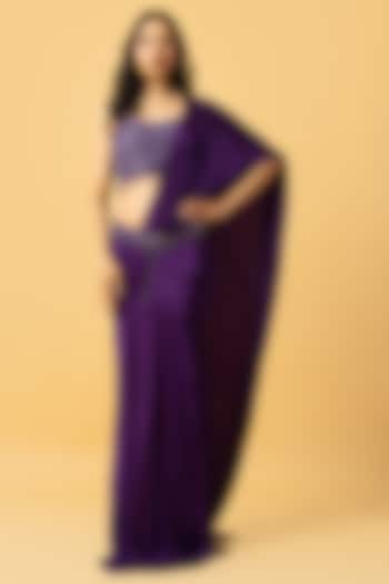 Violet Crepe Pre-Stitched Saree Set by Quench A Thirst