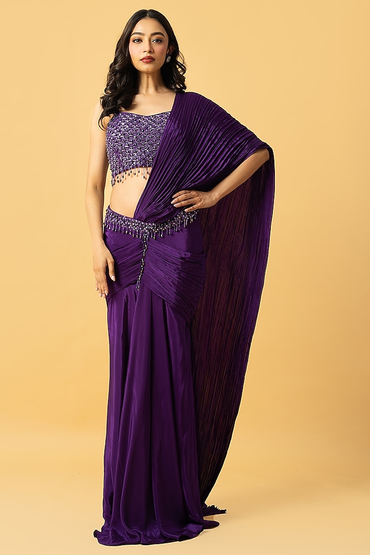 Violet Crepe Pre-Stitched Saree Set by Quench A Thirst