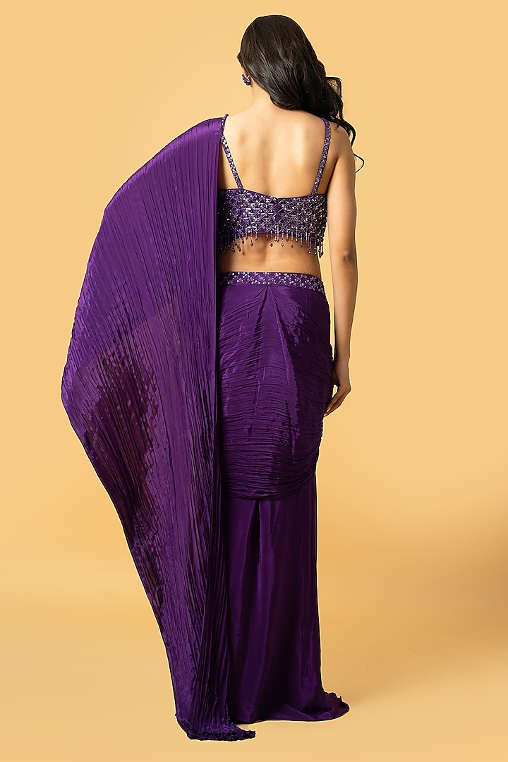 Violet Crepe Pre-Stitched Wedding Saree Set by Quench A Thirst at Pernia's Pop Up Shop