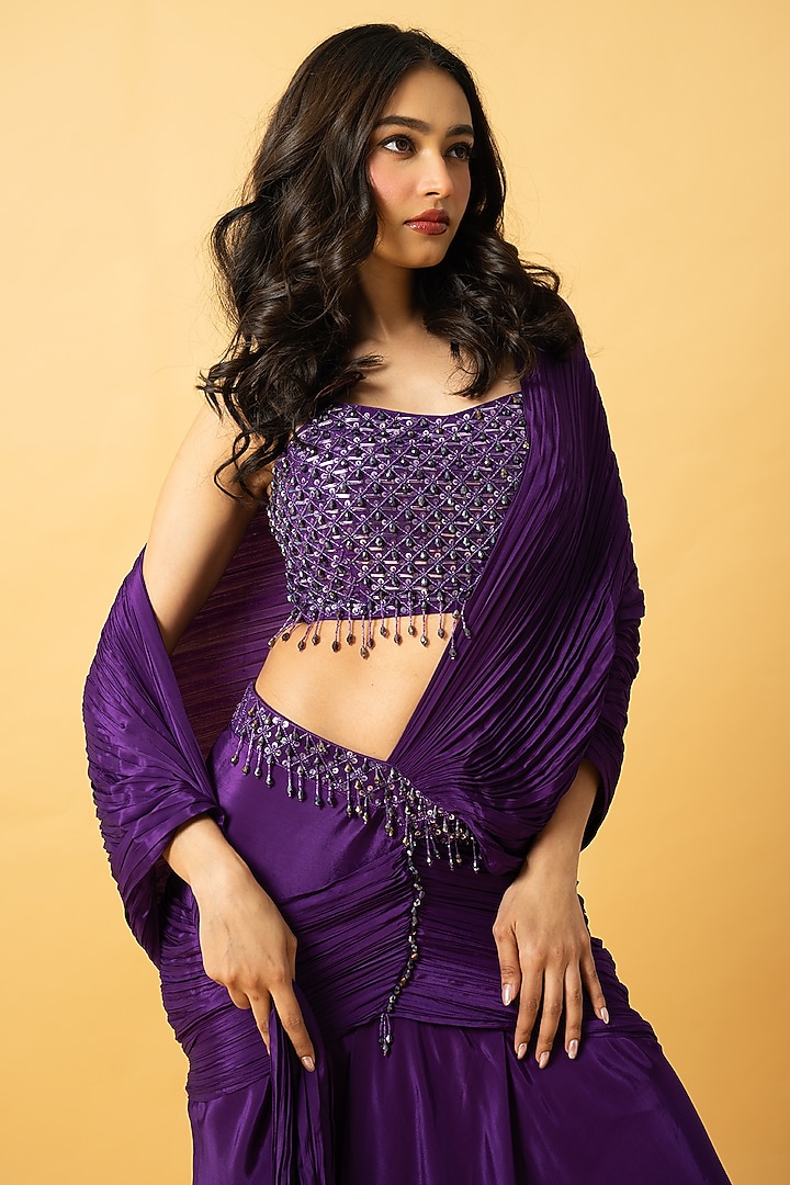 Violet Crepe Pre-Stitched Wedding Saree Set by Quench A Thirst at Pernia's Pop Up Shop