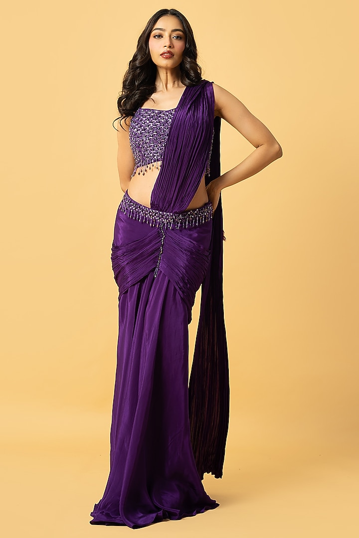 Violet Crepe Pre-Stitched Wedding Saree Set by Quench A Thirst at Pernia's Pop Up Shop