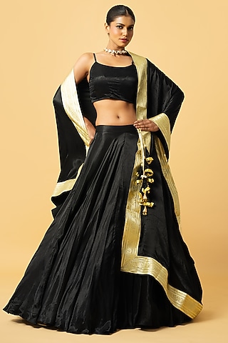 Black Modal Satin Lehenga Set by Quench A Thirst
