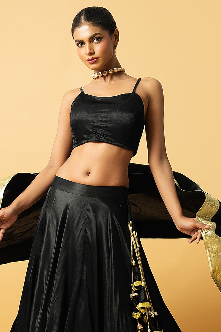 Black Modal Satin Lehenga Set by Quench A Thirst at Pernia's Pop Up Shop