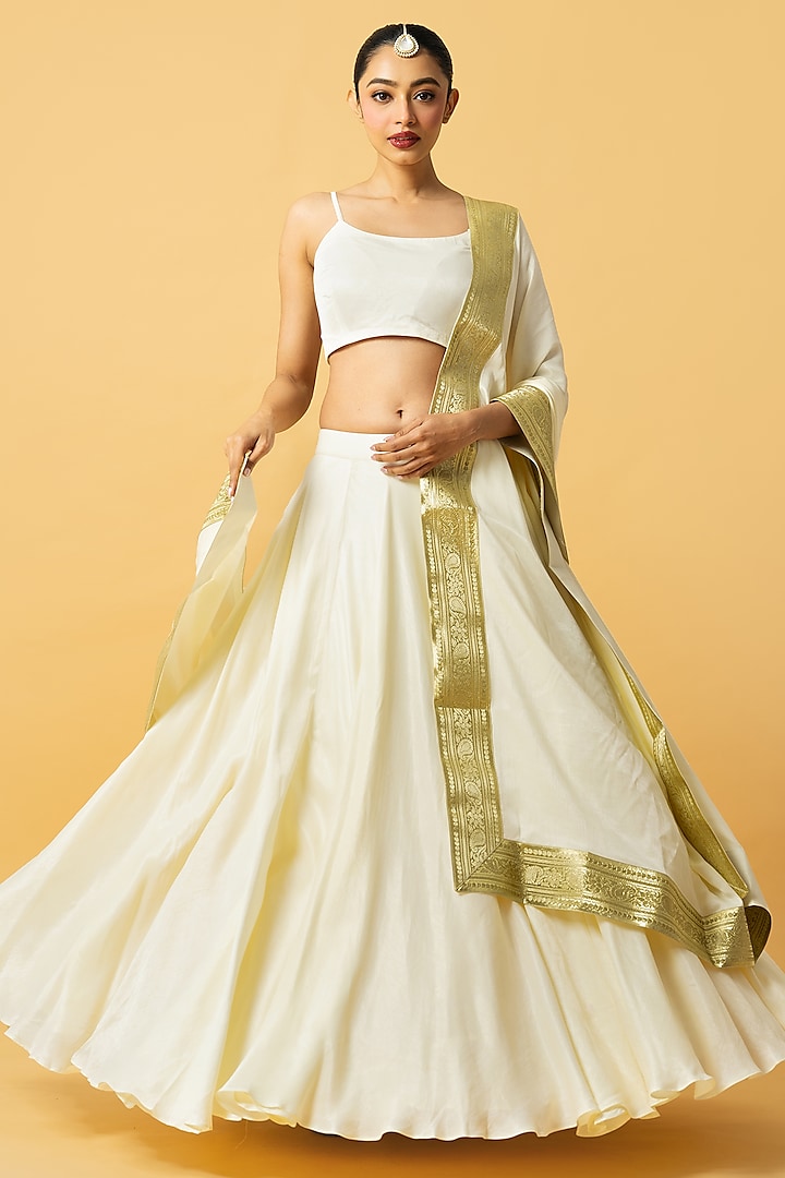 Ivory Modal Satin Lehenga Set by Quench A Thirst