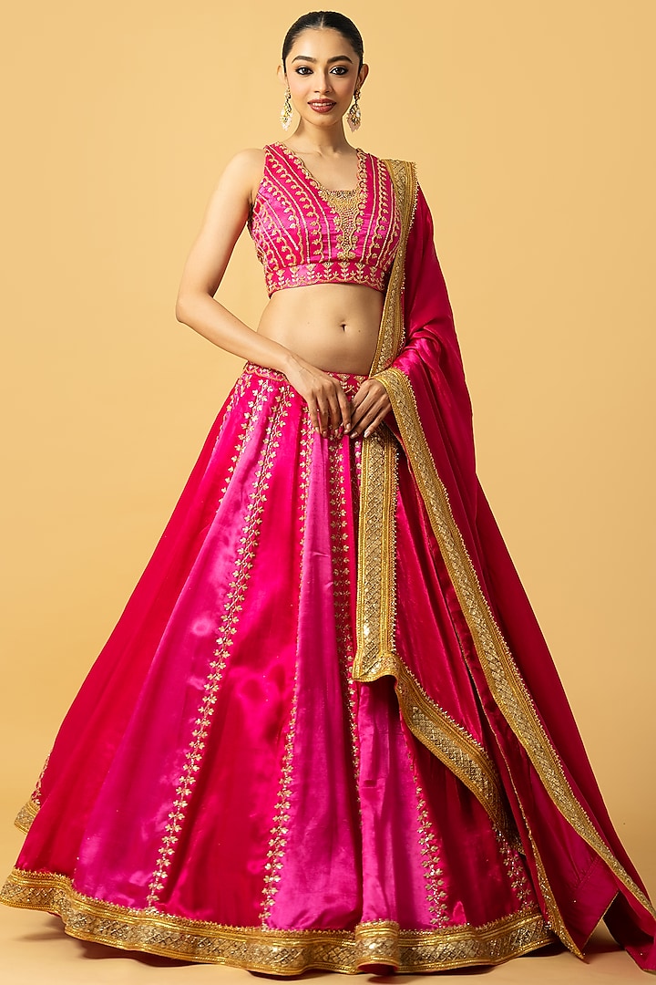 Pink Modal Satin Cutdana Hand Embroidered Lehenga Set by Quench A Thirst