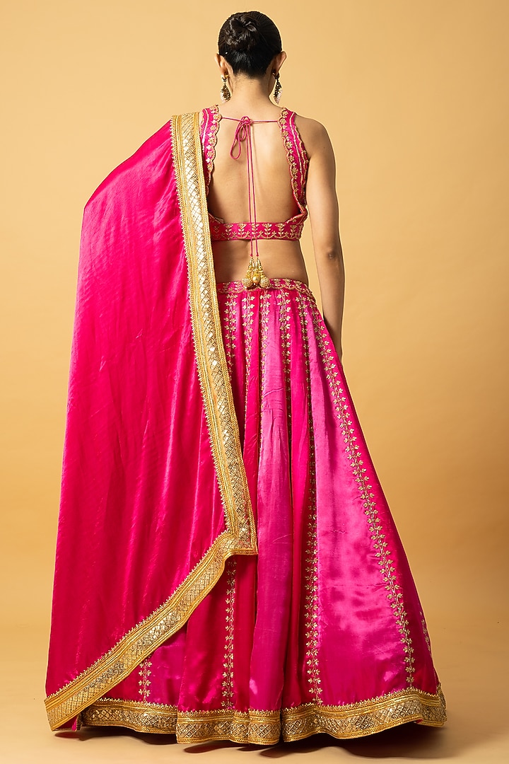 Pink Modal Satin Cutdana Hand Embroidered Wedding Lehenga Set by Quench A Thirst at Pernia's Pop Up Shop