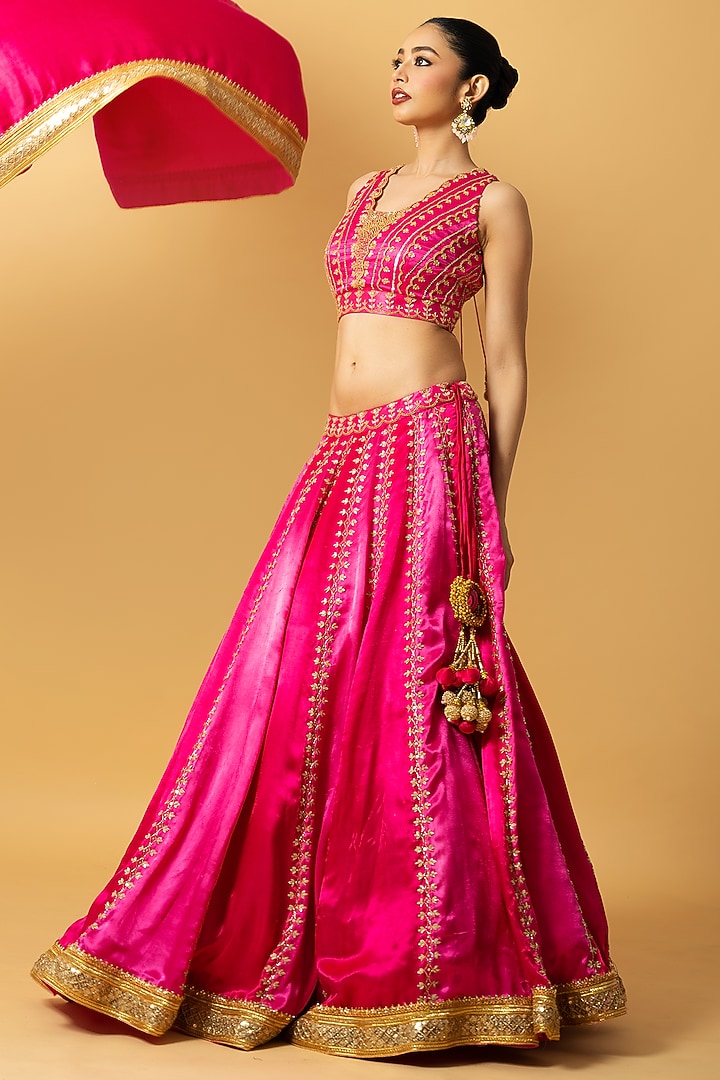 Pink Modal Satin Cutdana Hand Embroidered Wedding Lehenga Set by Quench A Thirst at Pernia's Pop Up Shop