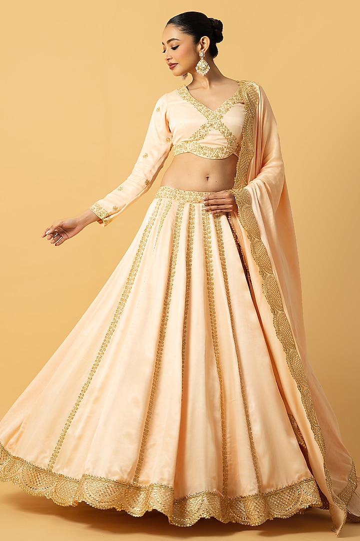Peach Modal Satin Cutdana Embroidered Lehenga Set by Quench A Thirst