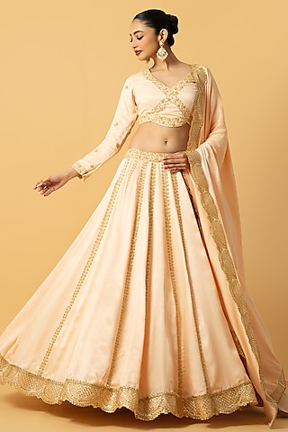 Peach Modal Satin Cutdana Embroidered Lehenga Set by Quench A Thirst