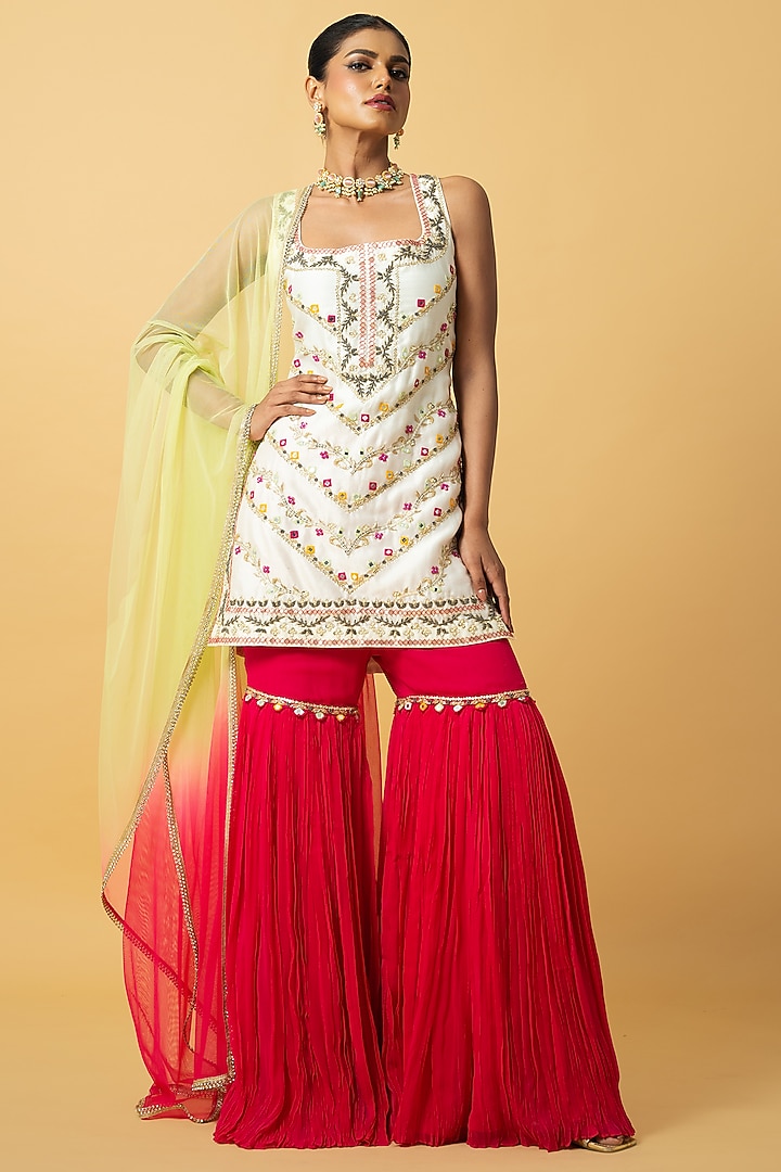 Fuchsia Pink Georgette Wedding Sharara Set by Quench A Thirst at Pernia's Pop Up Shop