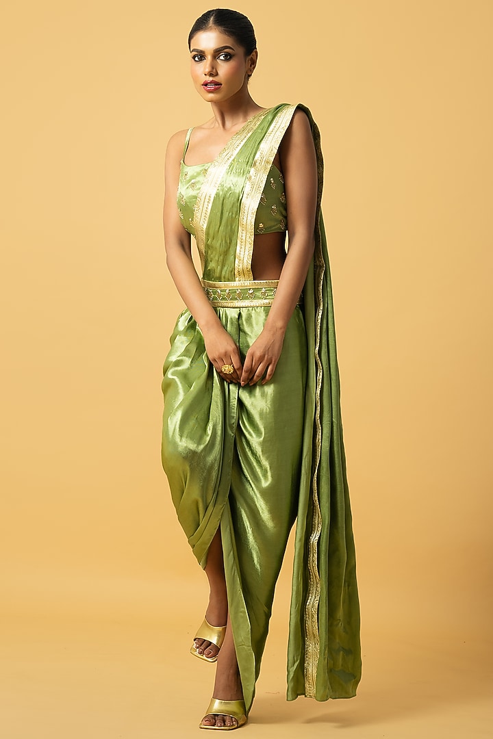 Mint Green Modal Satin Dhoti Party Wear Saree Set by Quench A Thirst at Pernia's Pop Up Shop