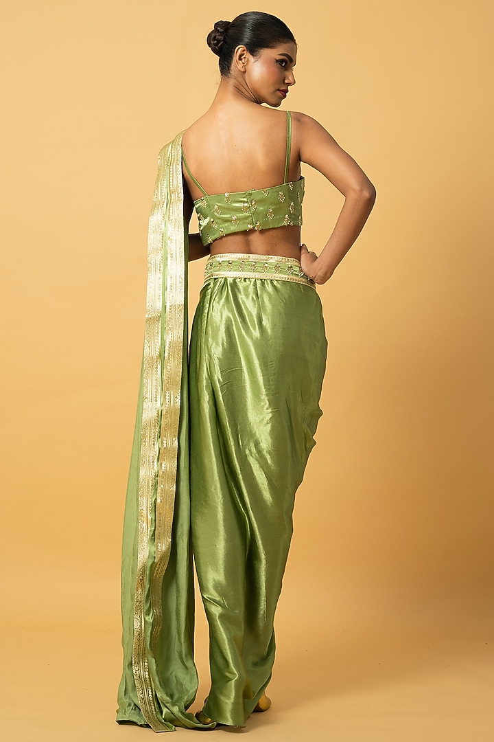 Mint Green Modal Satin Dhoti Party Wear Saree Set by Quench A Thirst at Pernia's Pop Up Shop