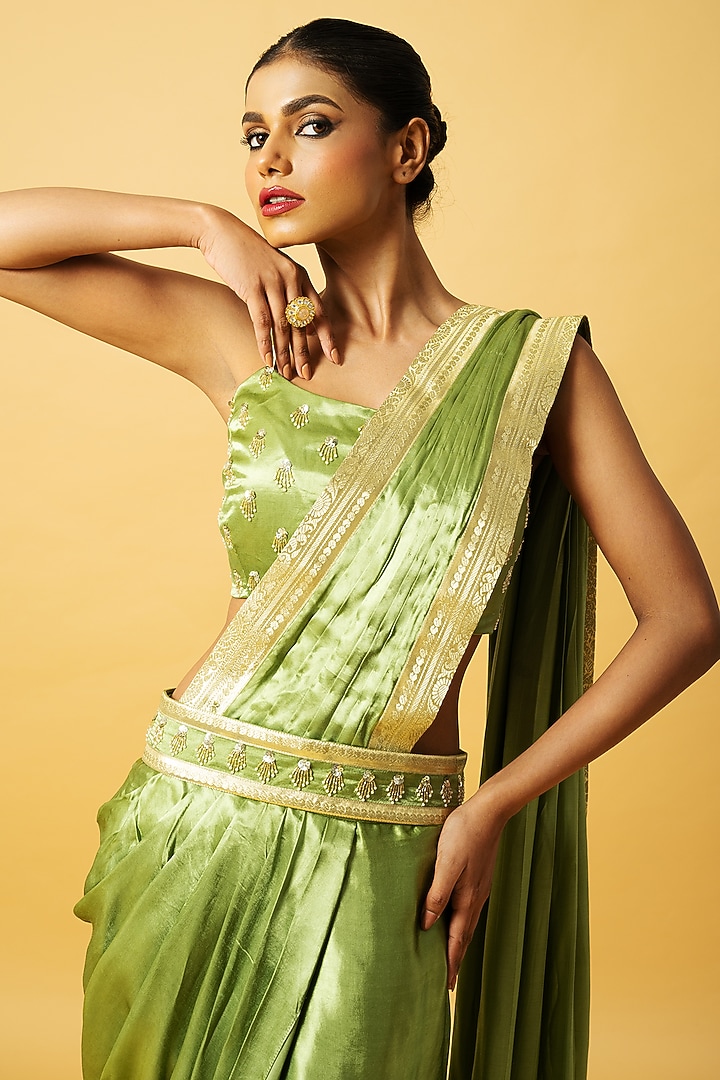 Mint Green Modal Satin Dhoti Party Wear Saree Set by Quench A Thirst at Pernia's Pop Up Shop