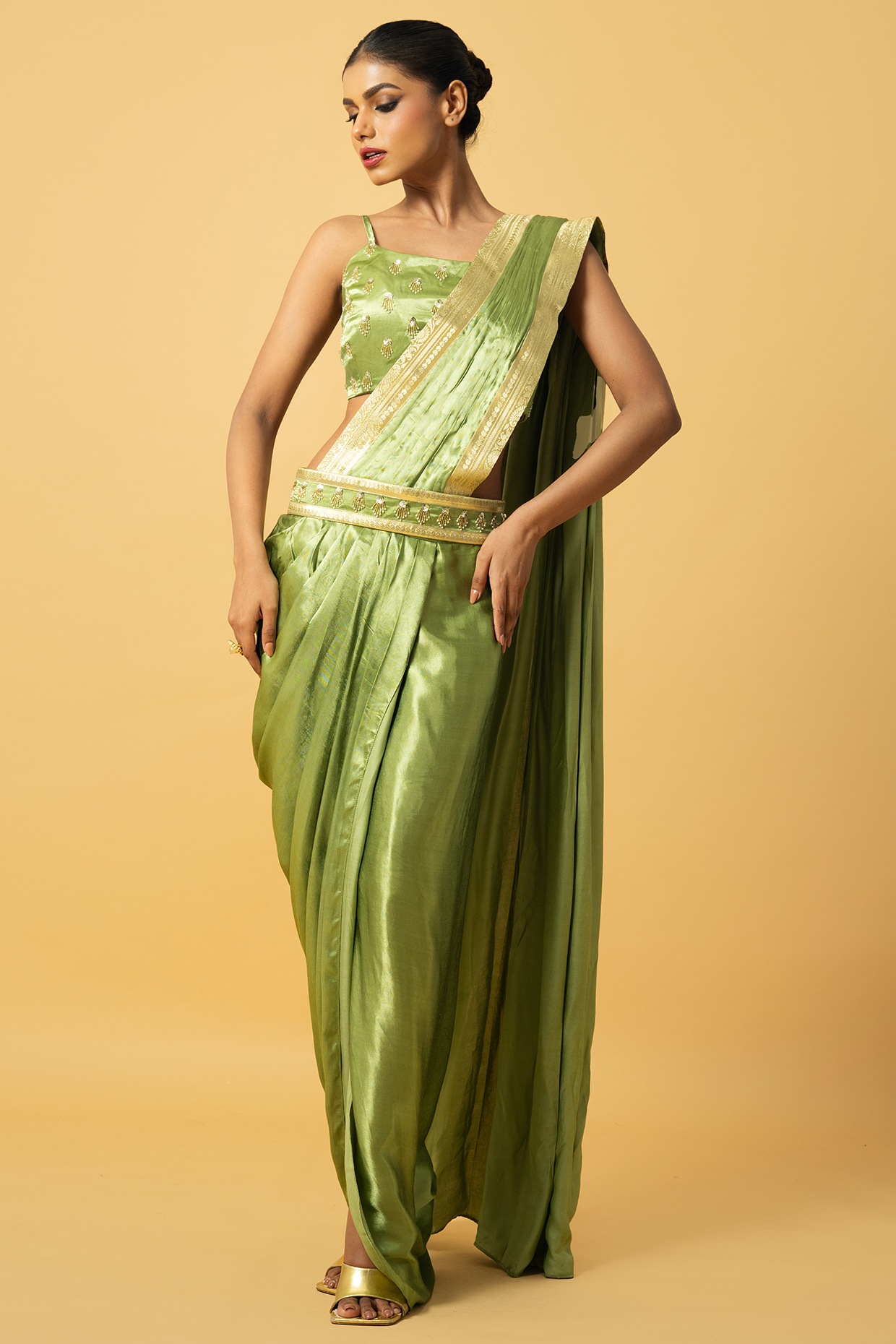 Mint green modal satin dhoti saree set - QUENCH A THIRST - 4252607