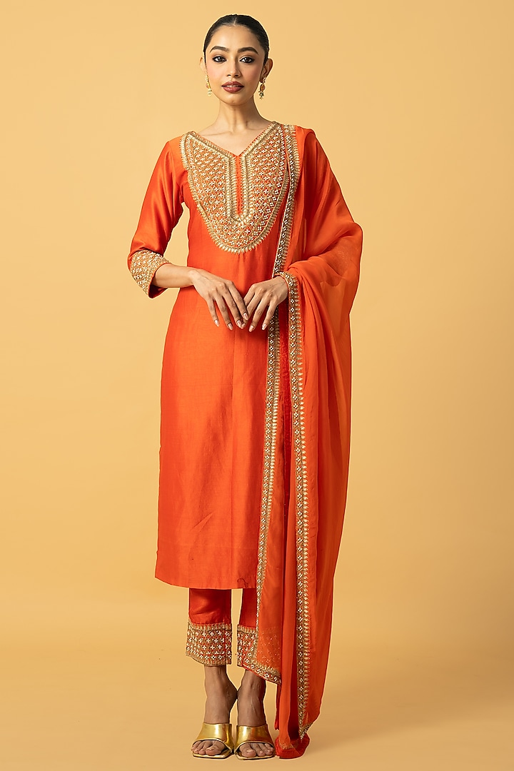 Orange Chanderi Silk Cutdana Embroidered Kurta Set by Quench A Thirst