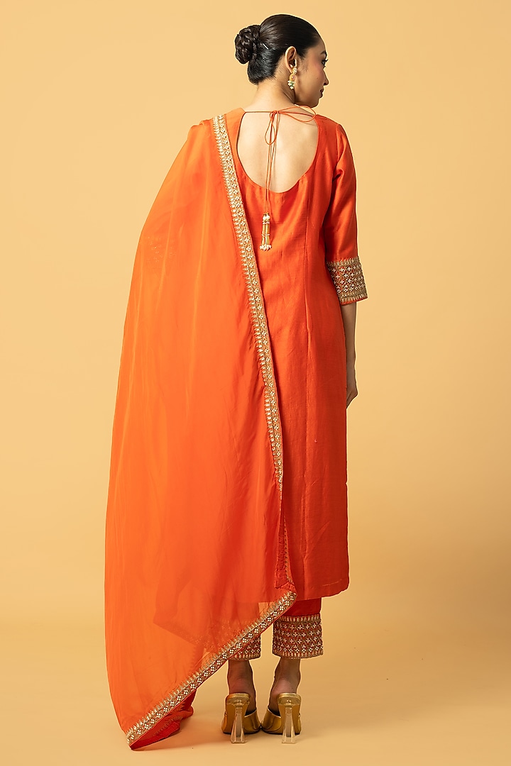 Orange Chanderi Silk Cutdana Embroidered Kurta Set by Quench A Thirst at Pernia's Pop Up Shop