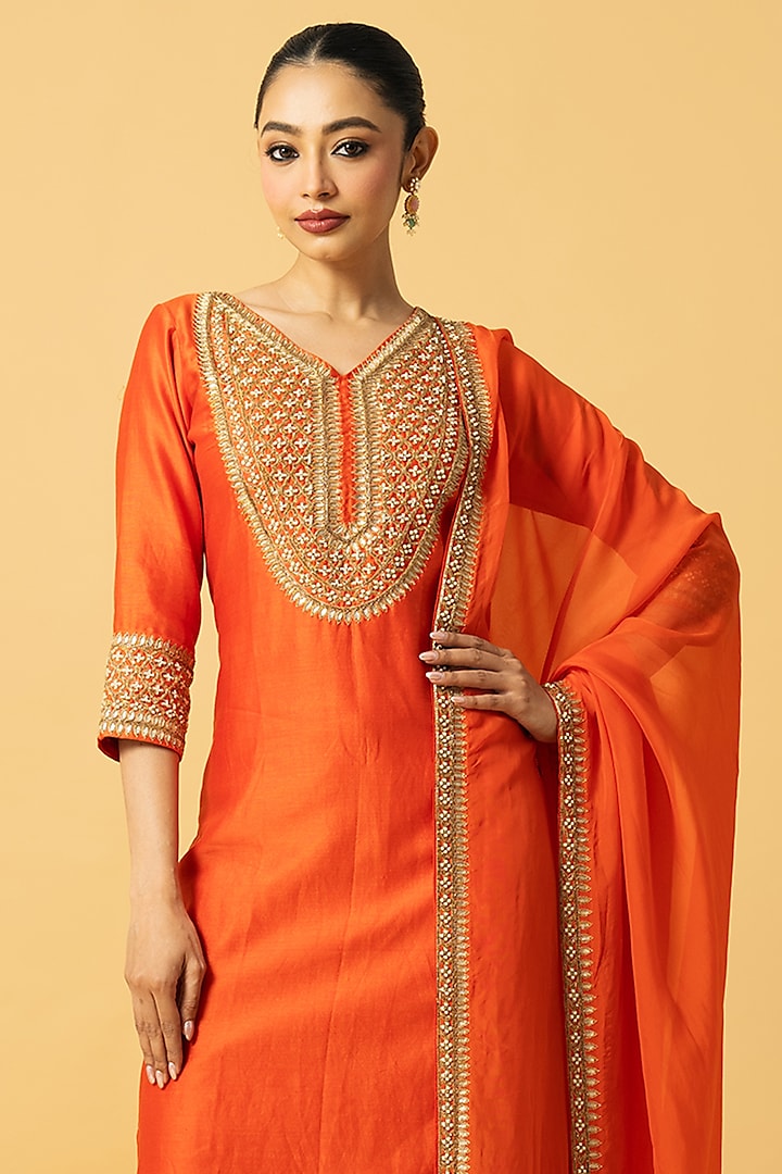 Orange Chanderi Silk Cutdana Embroidered Kurta Set by Quench A Thirst at Pernia's Pop Up Shop
