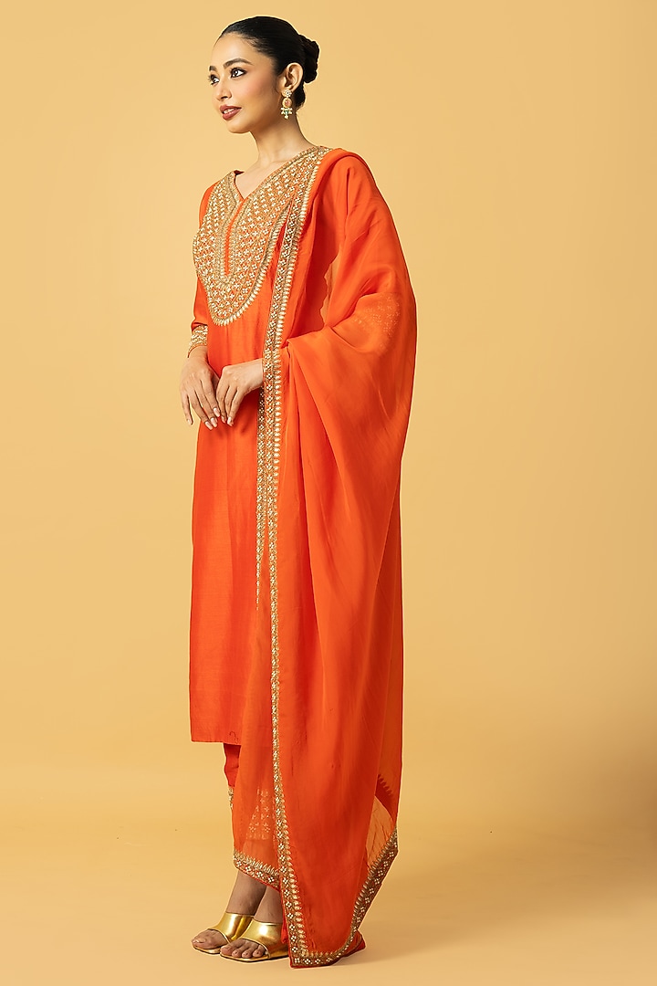 Orange Chanderi Silk Cutdana Embroidered Kurta Set by Quench A Thirst at Pernia's Pop Up Shop