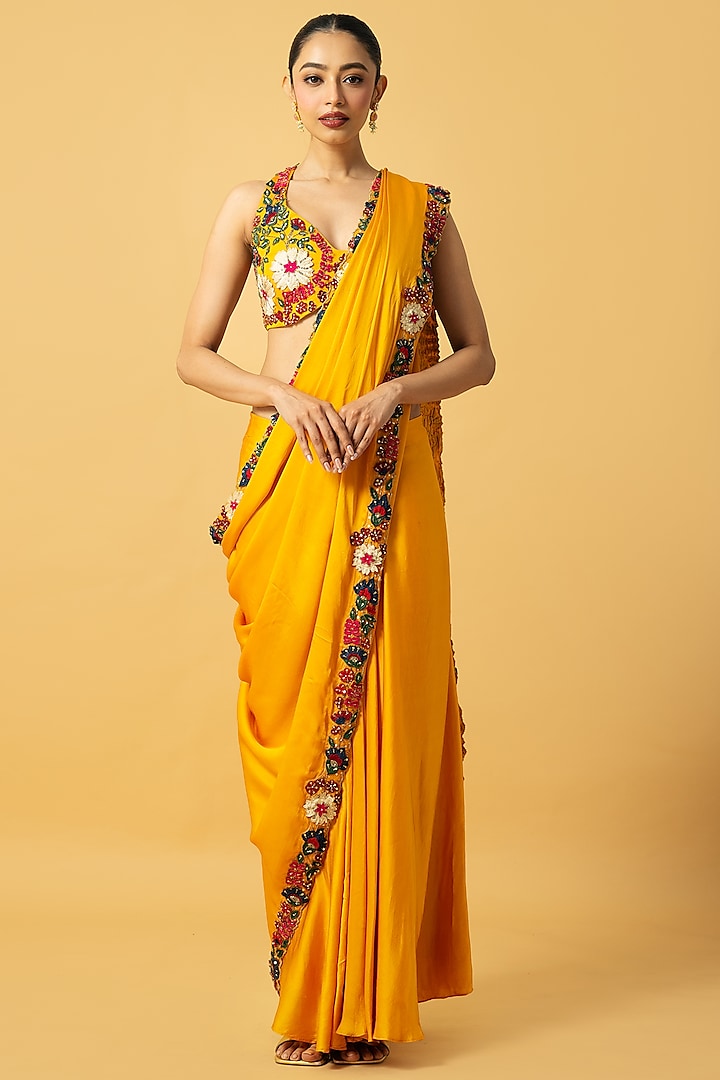 Golden Yellow Modal Satin Multi-Colored 3D Embroidered Saree Set by Quench A Thirst