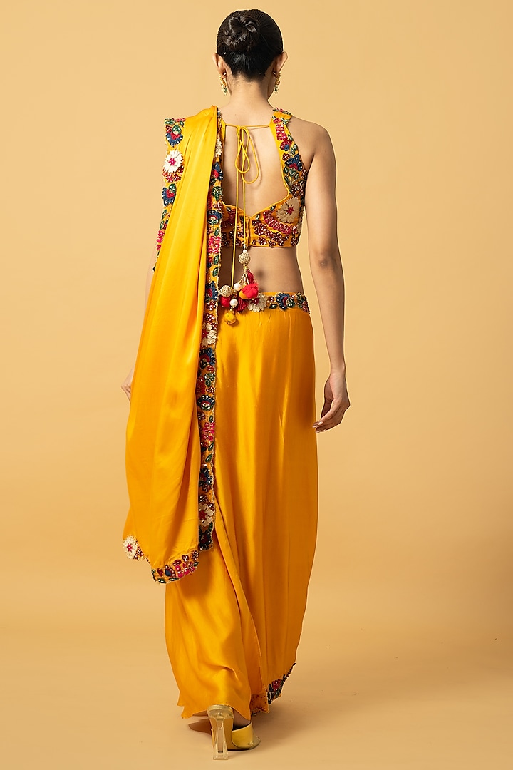 Golden Yellow Modal Satin Multi-Colored 3D Embroidered Wedding Saree Set by Quench A Thirst at Pernia's Pop Up Shop
