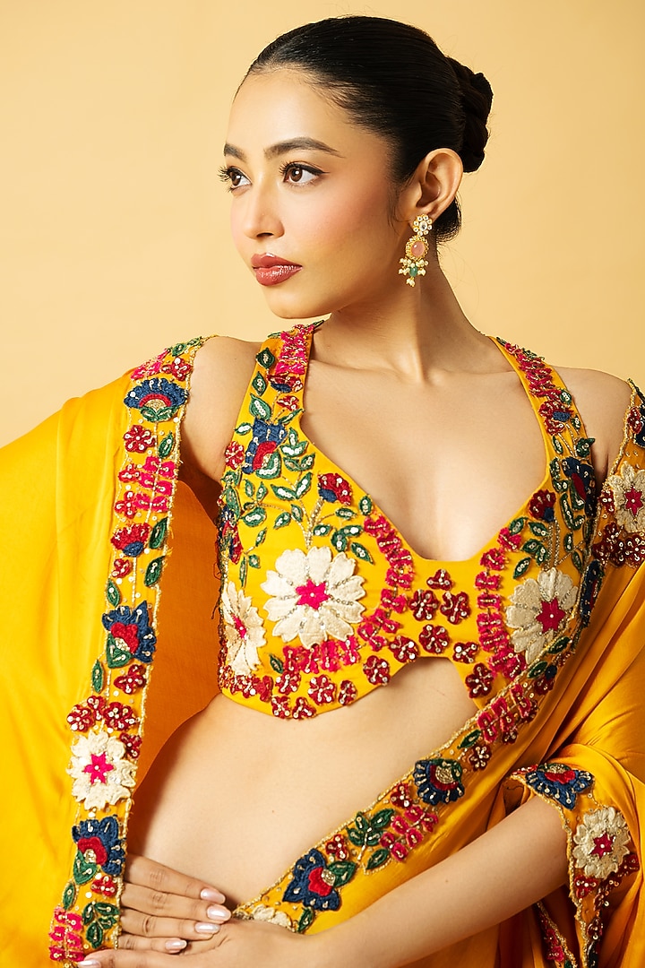 Golden Yellow Modal Satin Multi-Colored 3D Embroidered Wedding Saree Set by Quench A Thirst at Pernia's Pop Up Shop