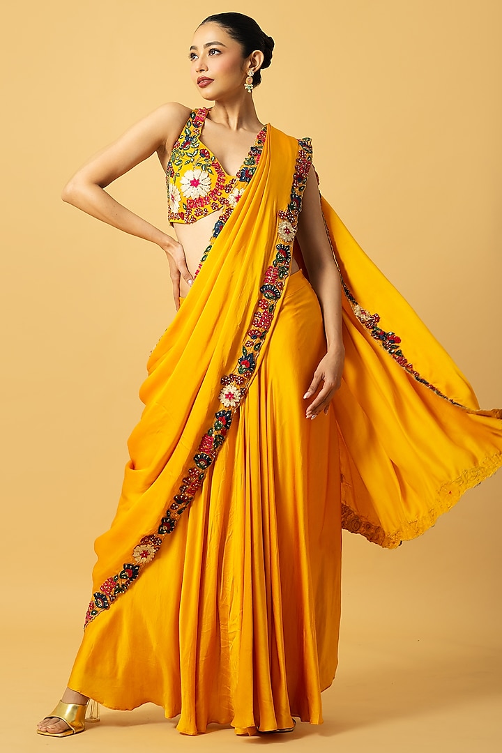 Golden Yellow Modal Satin Multi-Colored 3D Embroidered Wedding Saree Set by Quench A Thirst at Pernia's Pop Up Shop