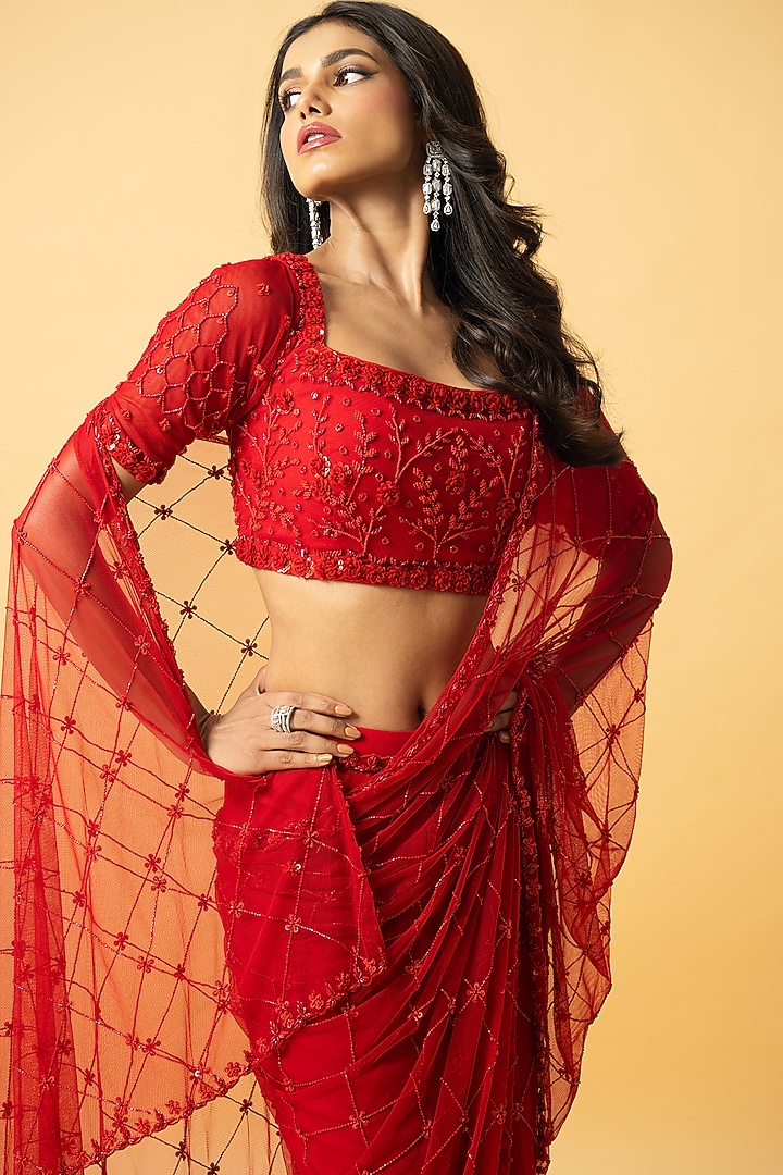 Red Soft Net & Georgette Cutdana Embroidered Wedding Saree Set by Quench A Thirst at Pernia's Pop Up Shop