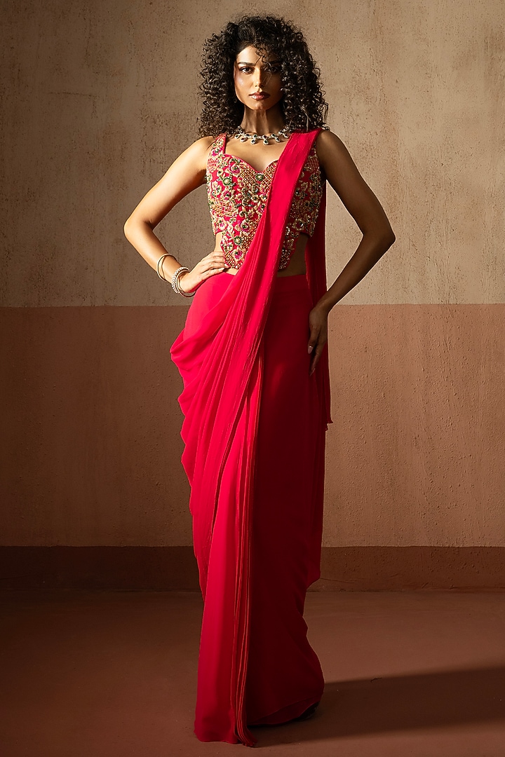 Fuchsia Georgette Pre-Stitched Draped Wedding Saree Set by Quench A Thirst at Pernia's Pop Up Shop