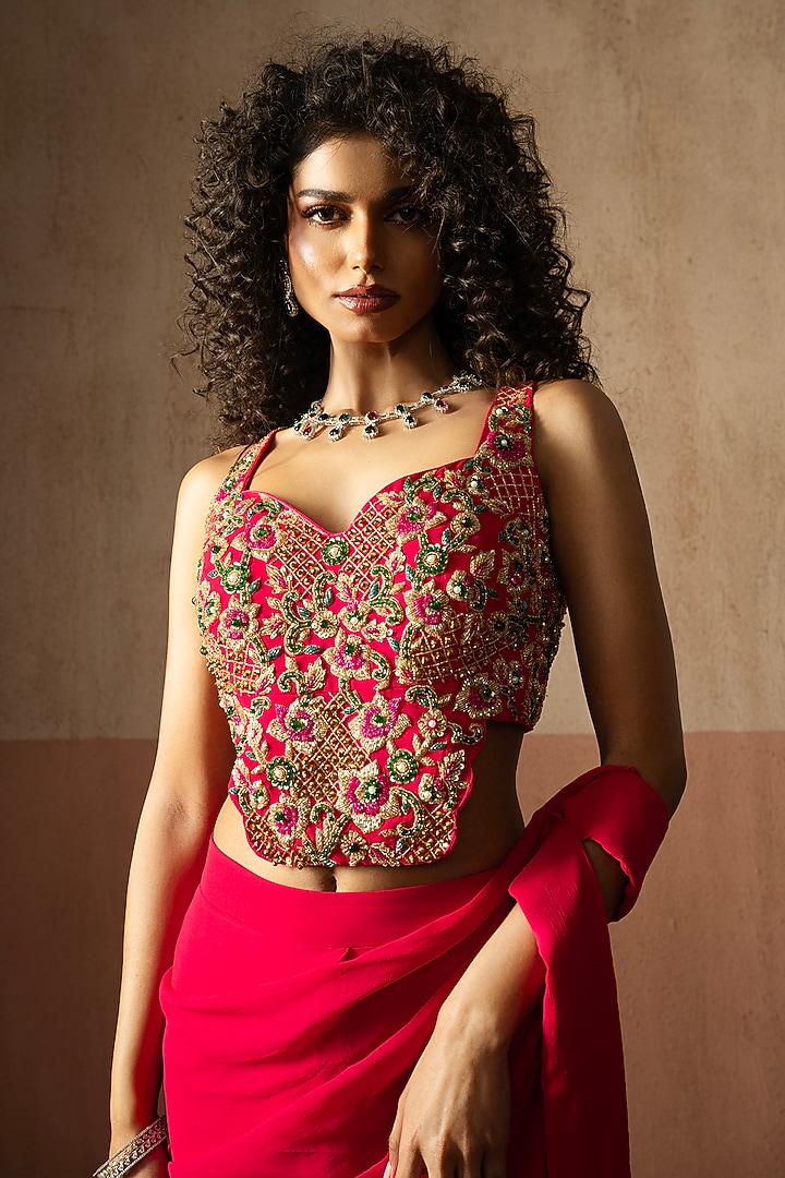 Fuchsia Georgette Pre-Stitched Draped Wedding Saree Set by Quench A Thirst at Pernia's Pop Up Shop