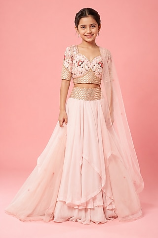 Baby Pink Organza Hand Embroidered Lehenga Set For Girls by Quench A Thirst Kids